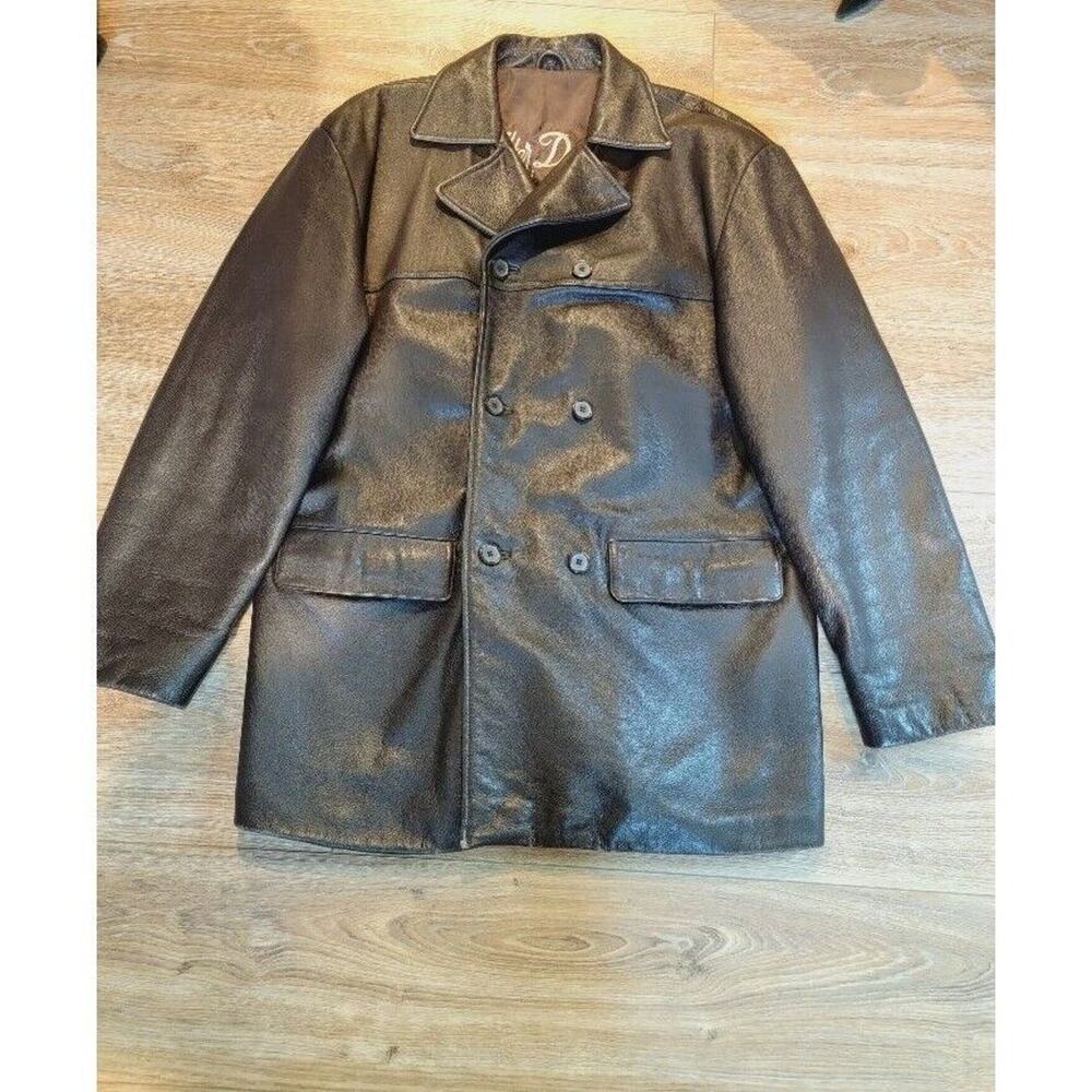 Walter Davoucci Brown Leather Blazer Sz L Men's Double Breasted‎ Sport Coat